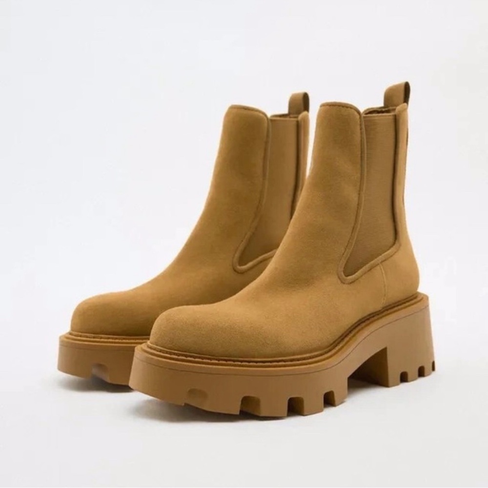 Zara Suede Leather Log Toe Camel Platform Chelsea  Heeled Boots Size 38